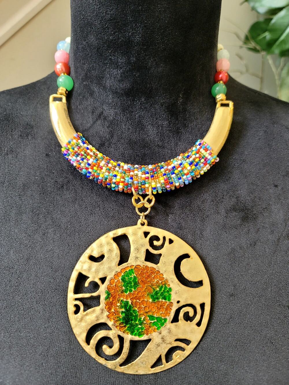 Multicolor Beaded Gold Tone Medallion Pendant Statement Necklace Boho